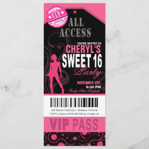 Rosa und schwarz VIP Sweet 16 Ticket Party Einladung