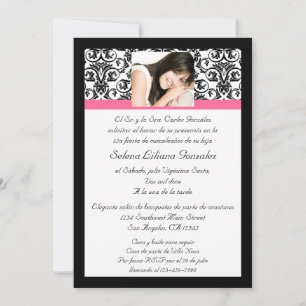 Rosa und Schwarz vom Quinceanera-Fuchsia-Damaszene Einladung