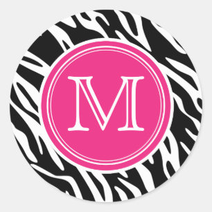 Rosa und schwarz Zebra Print Monogram Round Sticke Runder Aufkleber