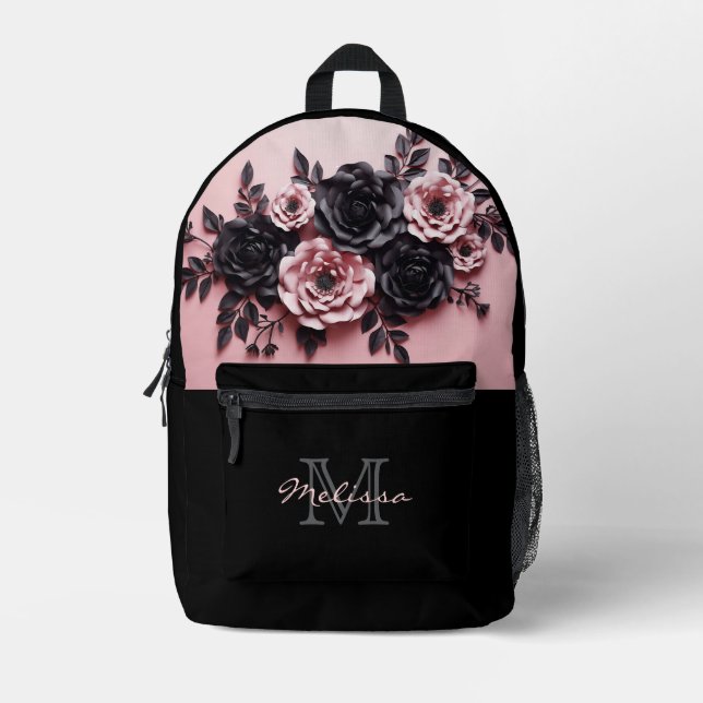 Rosa und schwarze 3D-Rose Bedruckter Rucksack (Vorderseite)