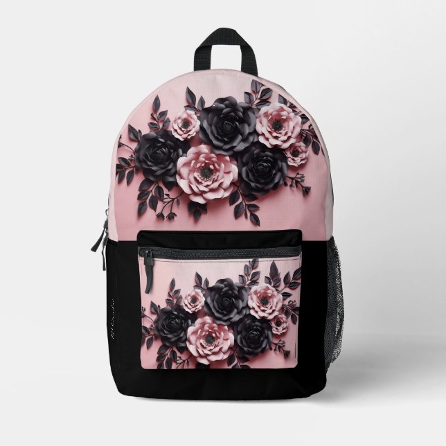 Rosa und schwarze 3D-Rose Bedruckter Rucksack (Vorderseite)