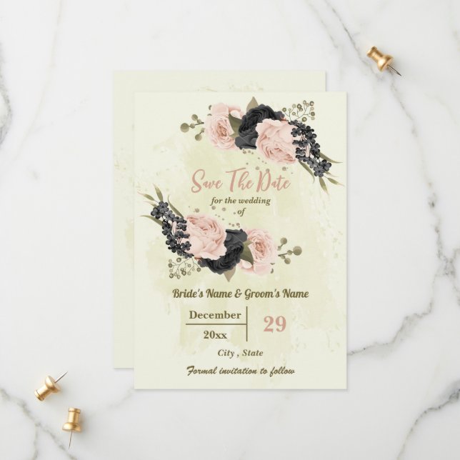 Rosa und schwarze Blume botanische Hochzeit Save The Date (Vorderseite/Rückseite Beispiel)