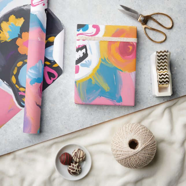 Rosa und schwarze Blütendia de Muertos Geschenkpapier (Kunsthandwerk)