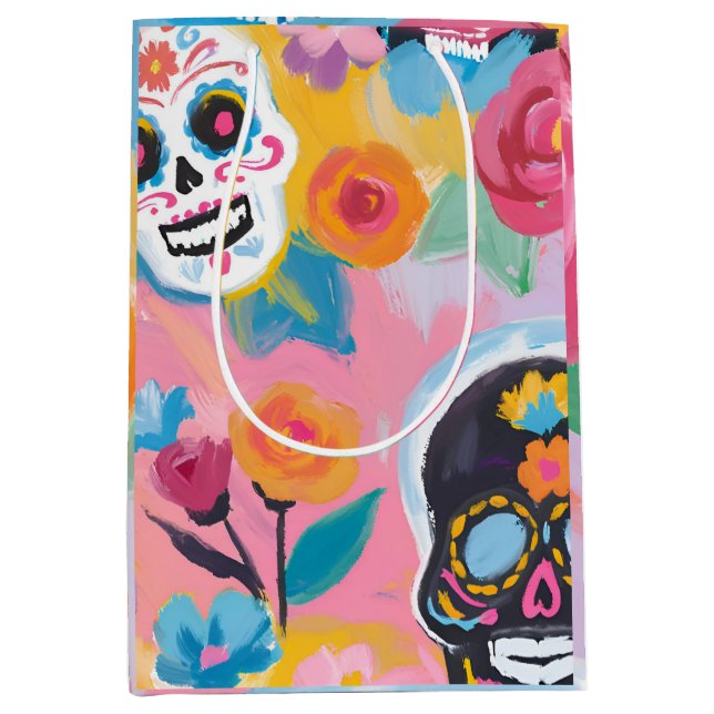 Rosa und schwarze Blütendia de Muertos Mittlere Geschenktüte (Vorderseite)