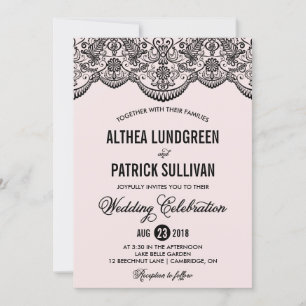 Rosa und schwarze Brokatspitze Hochzeits-Einladung Einladung