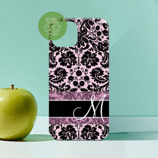 rosa und schwarze Damaskusmuster mit Monogramm Case-Mate iPhone Hülle (Personalized Phone Case with Custom Monogram)