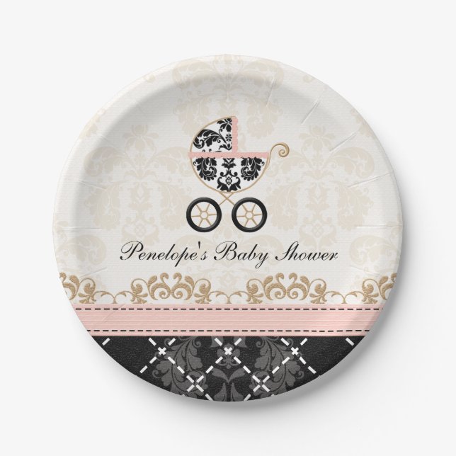 Rosa und schwarze Damast-Wagen-Babyparty Pappteller (Vorderseite)