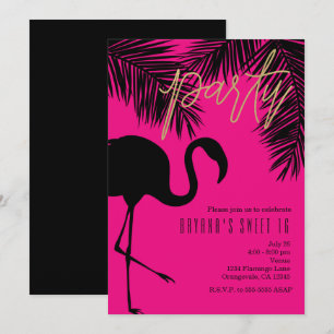 Rosa und schwarze Flamingo- und Palmen-Party-Einla Einladung