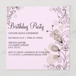 Rosa und schwarze Flora zum Geburtstag einladen Einladung
