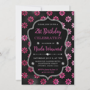 Rosa und schwarze Glitter Blumen 21. Geburtstag Einladung