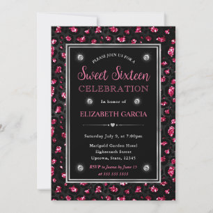 Rosa und schwarze Glitter-Leopardenflecken Sweet S Einladung