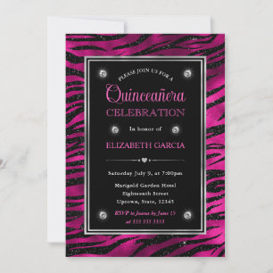 Rosa und schwarze Glitter-Tigerstreifen Quinceaner Einladung
