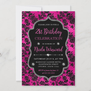 Rosa und schwarze Glitterblumen Damast 21. Geburts Einladung