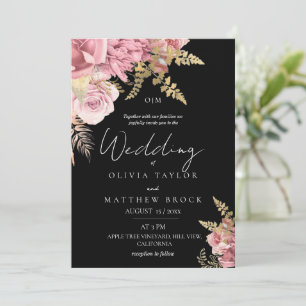 Rosa und schwarze Goldene moderne Floral-Hochzeit Einladung