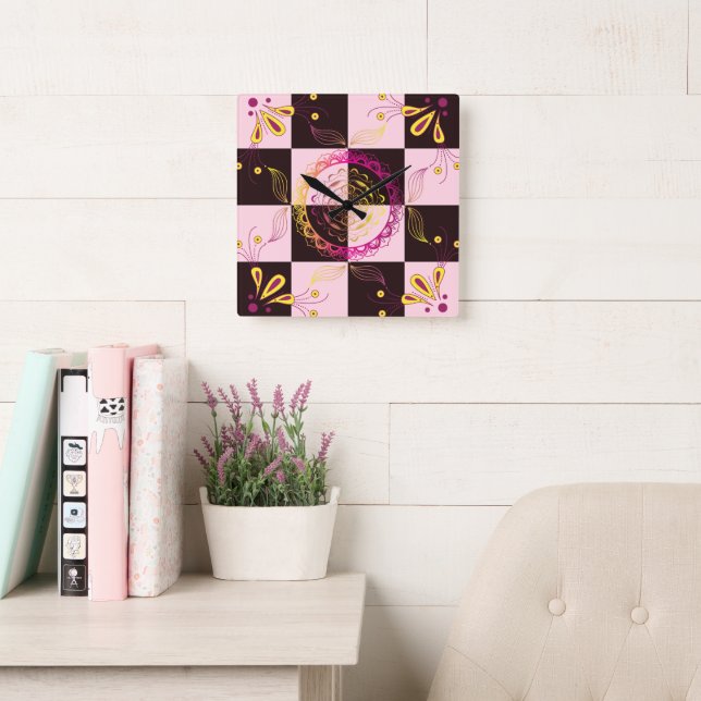 Rosa und schwarze Grafik, Mystische Tafel Quadratische Wanduhr (Lesesaal)