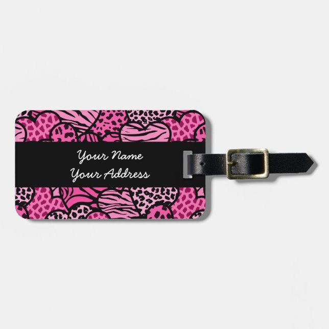 Rosa und schwarze gürtelige Tierherzen Gepäckanhänger (Vorderseite horizontal)