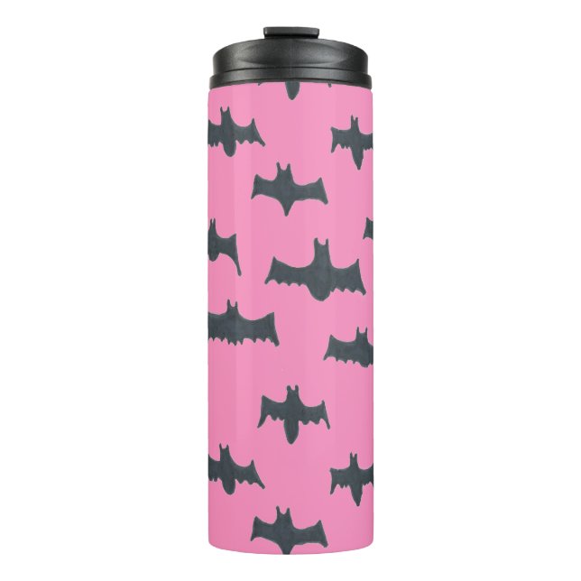 Rosa und schwarze Halloweenboote Thermosbecher (Vorderseite)