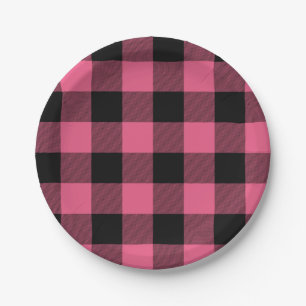 Rosa und schwarze karierte Quadrate Buffalo Plaid Pappteller