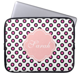 rosa und schwarze Kreis-Polka-Dots-Monogramm Laptopschutzhülle