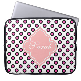 rosa und schwarze Kreis-Polka-Punkte-Monogramm Laptopschutzhülle