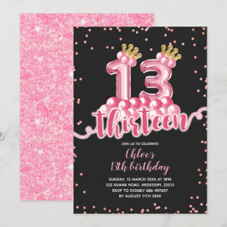 Rosa und schwarze Krone Ballon Dreizehn Geburtstag Einladung