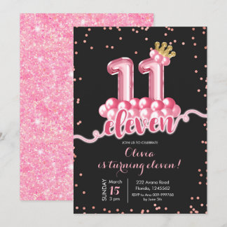 Rosa und schwarze Krone Ballon Eleven Geburtstag Einladung