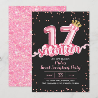 Rosa und schwarze Krone Ballon Siebzehn Geburtstag Einladung