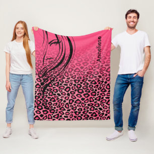 Rosa und schwarze Leoparden mit Girl-Silhouette Fleecedecke