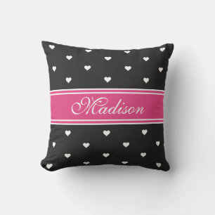 Rosa und schwarze personalisierte Namen Tiny Heart Kissen