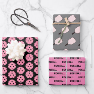 Rosa und schwarze Pickleball-Einwickelblätter à 3 Geschenkpapier Set