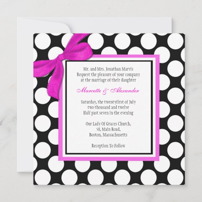Rosa und schwarze Polka Dot Hochzeitseinladung Einladung (Vorderseite)