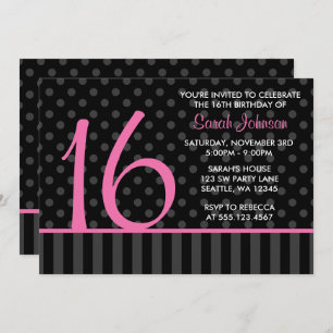 Rosa und schwarze Polka Dot Stripes Sweet 16 Gebur Einladung