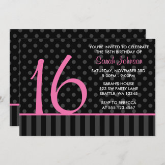 Rosa und schwarze Polka Dot Stripes Sweet 16 Gebur Einladung