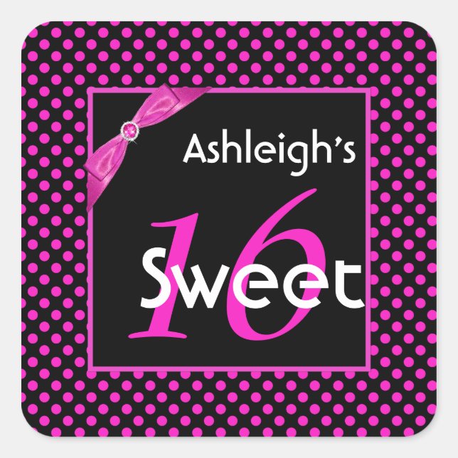 Rosa und schwarze Polka Dot Sweet 16 Square Sticke Quadratischer Aufkleber (Vorderseite)