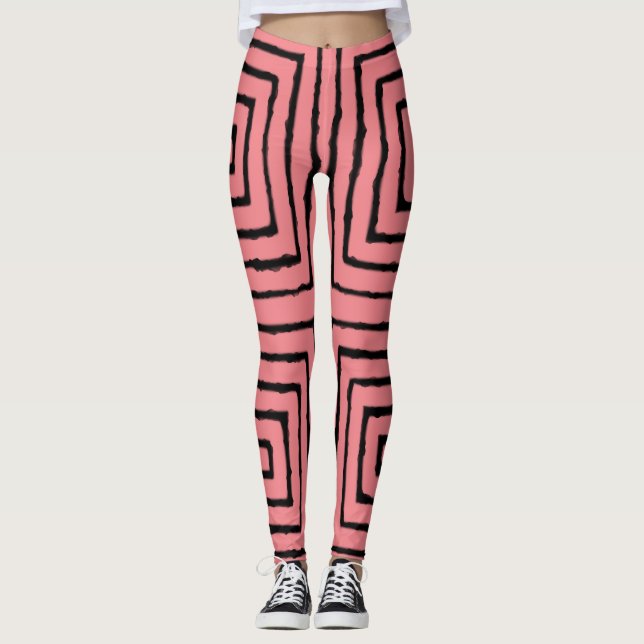 Rosa und schwarze Quadrate afrikanisches Lehmtuch Leggings (Vorderseite)