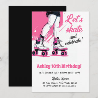 Rosa und schwarze Roller Skate Skaten Geburtstag Einladung
