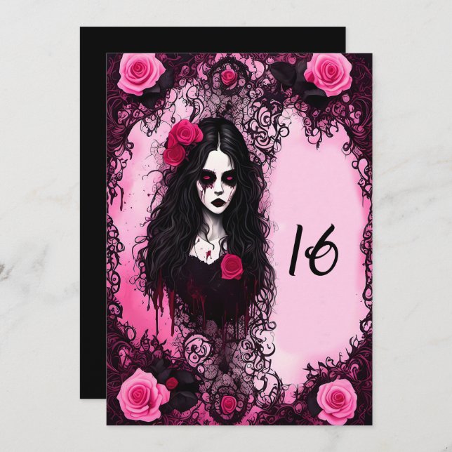 Rosa und schwarze Rose Ghost Girl Sweet 16 Geburts Einladung (Vorne/Hinten)
