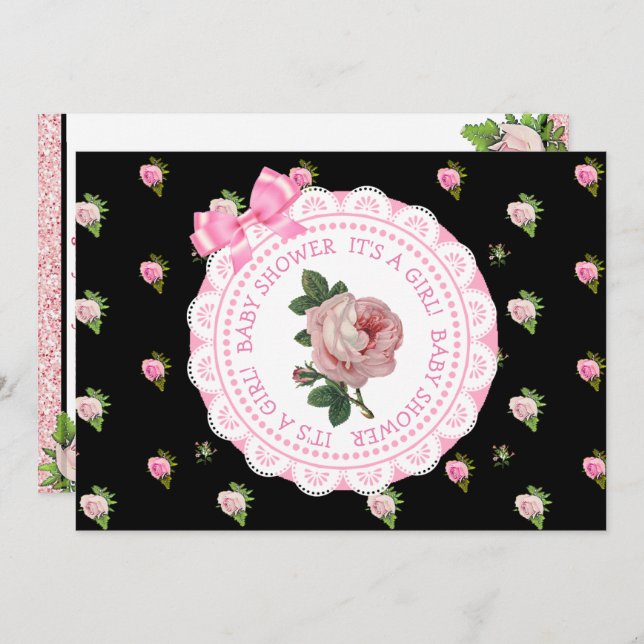 Rosa und schwarze Rose Kinderdusche Einladung (Vorne/Hinten)