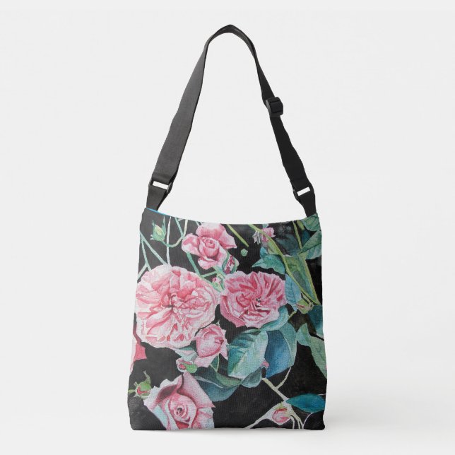 Rosa und schwarze Rose Wasserfarben-Crossbody-Beut Tragetaschen Mit Langen Trägern (Vorderseite)