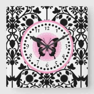 Rosa und schwarze Schmetterlingsuhr Quadratische Wanduhr