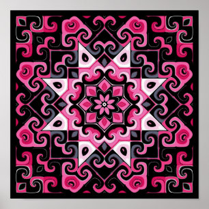 Rosa und schwarze Star Kaleidoskop Poster