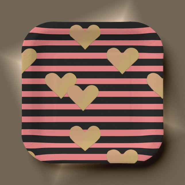 Rosa und schwarze Streifen Valentine Pappteller (Von Creator hochgeladen)
