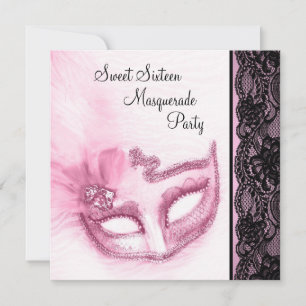 Rosa und schwarze Sweet Sixteen-Maskenparty Einladung