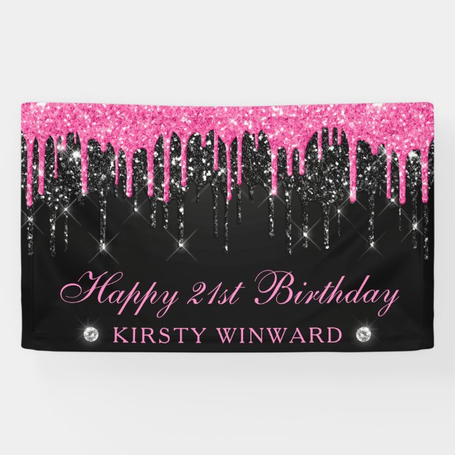 Rosa und schwarze Tropfen Glitzer 21. Geburtstag Banner (Horizontal)