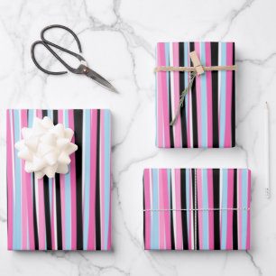 Rosa und schwarze vertikale Streifen Geschenkpapier Set