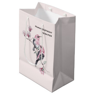 Rosa und schwarze Vögel auf einem Baumzweig Geburt Mittlere Geschenktüte