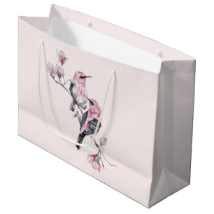 Rosa und schwarze Vögel auf einem Baumzweig Große Geschenktüte