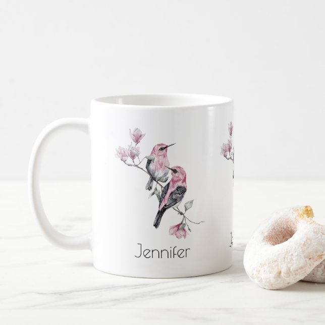 Rosa und schwarze Vögel auf einem Baumzweig Kaffeetasse (Mit Donut)