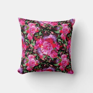 Rosa und schwarze Wasserfarbe Fuchsia Blüten Kissen