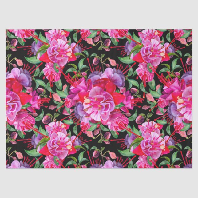 Rosa und schwarze Wasserfarbe Fuchsia Blüten Seidenpapier (Vorderseite)